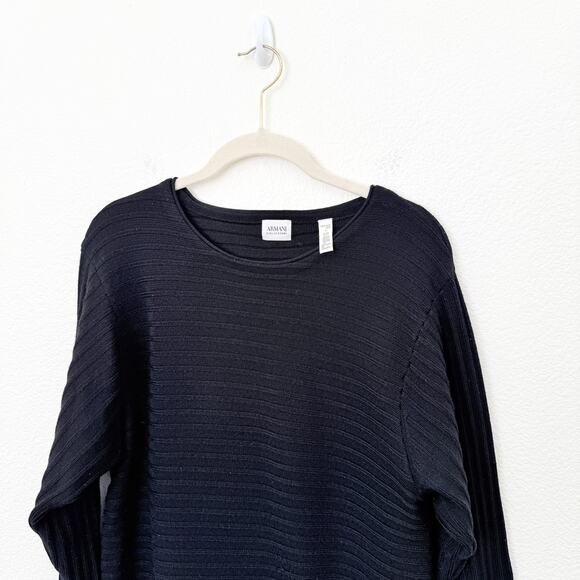 [Armani Collezioni] Black 100% Wool Boat Neck Sweater Classic Ribbed Sz Large L - Picture 3 of 8